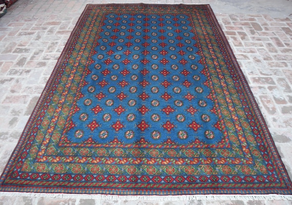7x10 Ft Blue Area Rug, Handmade Afghan Mori Gul Rug, Hand Knotted Turkmen Tribal Rug, Oriental Wool Rug, Large Area Rug, Luxury Room Rug