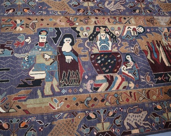 4x7 Ft Antique Pictorial Rug, Handmade Hand Knotted Afghan Animal Print Rug, Vintage Balochi Rug, Home Decor Rug, Pictorial Lover Wool Rug