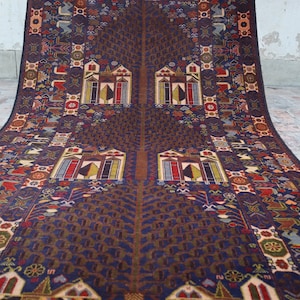 4.5x8.5 Ft Pictorial Rug- Handmade Afghan Antique Tree Of Life Rug, Turkoman Hand Knotted Geometric Wool Rug, Vintage Blue Brown Area Rug