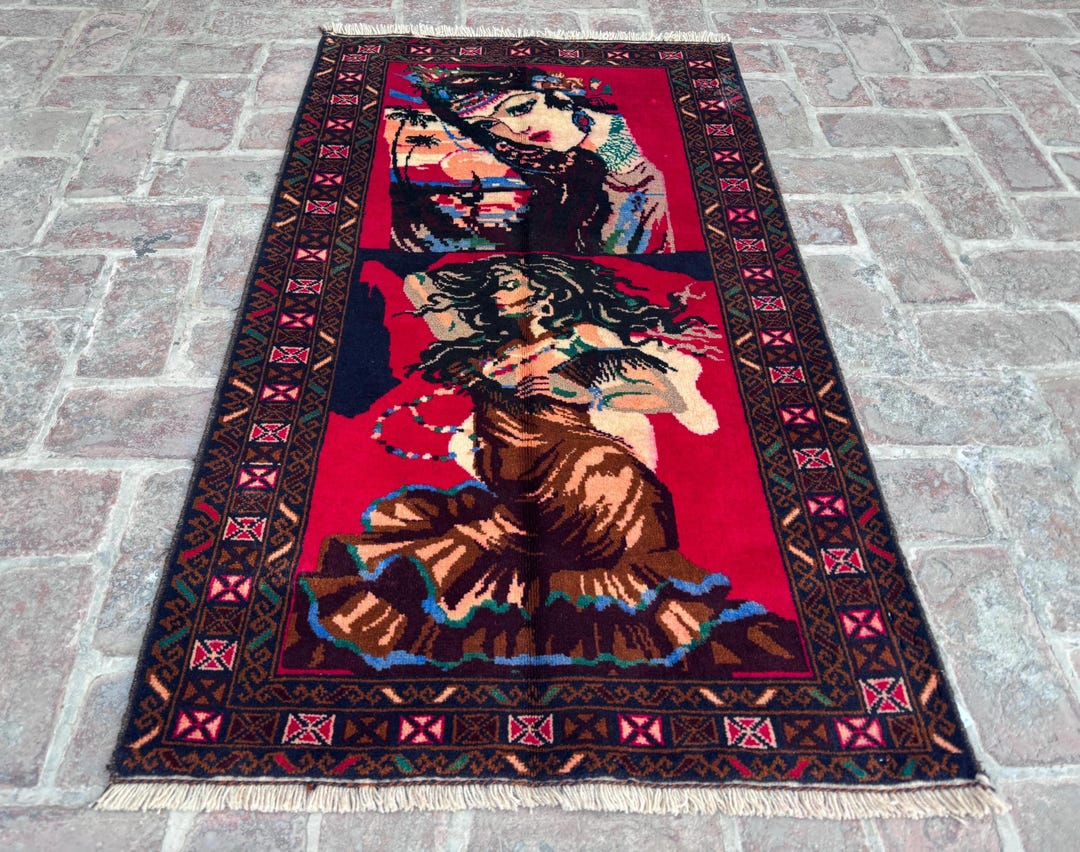 Lady Rugs 2'10x4'11 Ft Elegant Pictorial Rug, Handmade Afghan Balochi Lady Face ...