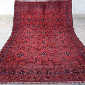 6&#39;6x9&#39;5 Ft Antique Rug- Handmade Traditional Red Afghan Rug, Hand Knotted Turkoman Tribal Rug, Low Piles Wool Bukhara Rug, Living Room Rug
