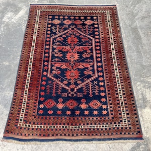 Splendido tappeto di piccole dimensioni (122 x 183 cm), annodato a mano, di alta qualità, realizzato a mano in stile afghano blu, tappeto vintage di piccole dimensioni, tappeto tribale turkmeno in lana.