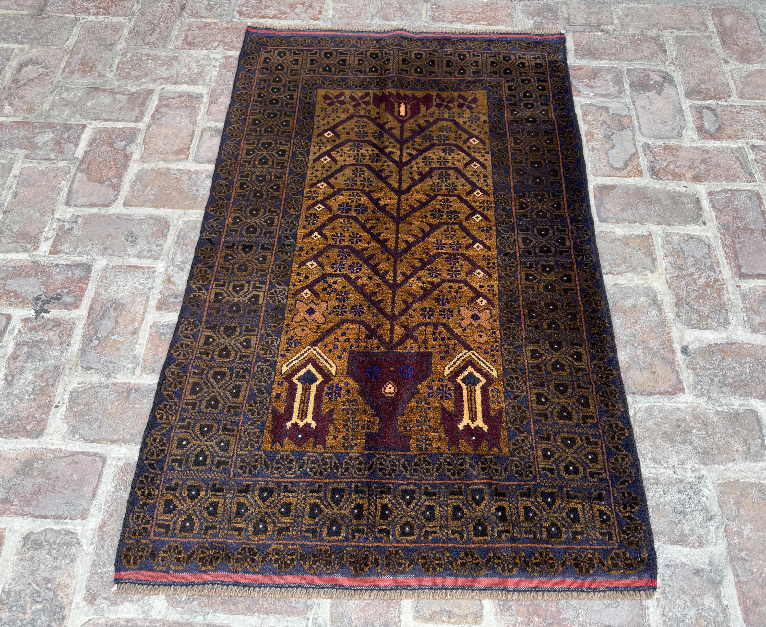 3x5 Ft Flower Vase Art Rug, Vintage Gold Yellow Afghan Rug