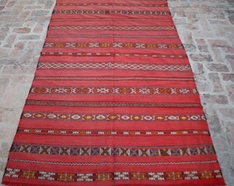 4&#39;11x8&#39;4 Ft Afghan Sumak Kilim Rug, Hand Knotted Striped Design Turkmen Kilim Rug, Vintage Red Area Kilim Rug, Fine Antique Living Room Rug