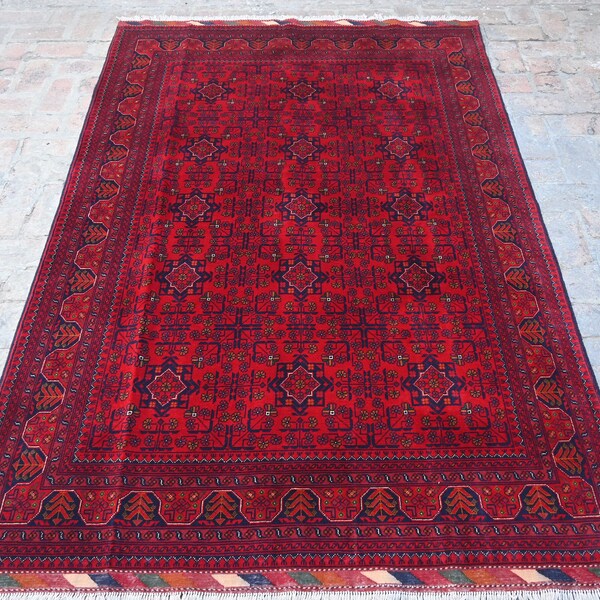 6x8 Ft Brand New Red Area Rug- Turkoman Hand Knotted Oriental Wool Rug, Bukhara Design Living Room Rug, Handmade High Quality Afghan Rug