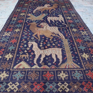 4x7 Animal Hunting Rug- Handmade Afghan Pictorial Rug, Hand knotted Blue Area Turkmen Rug, Vintage Baluch Rug, Fine Quality Antique Wool Rug
