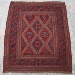 3&#39;6x3&#39;10 Ft Vintage Rug, Handmade Afghan Square Area Rug, Hand Knotted Wool Geometric Small Rug, Mushwani Red Square Rug, Living Room Rug