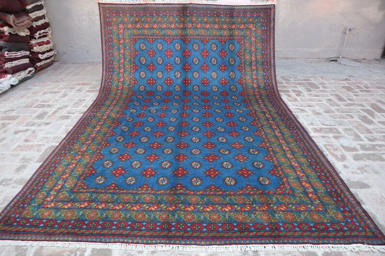 Alfombra azul de 2,1 x 3 m, hecha a mano, afgana, Mori Gul, tribal turcomana anudada a mano, de lana oriental, de gran tamaño, de lujo. imagen 7