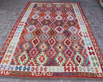 Alfombra Kilim Afgana Grande de 2,03 m x 2,98 m, Alfombra Turcomana de Tejido Plano Tejido a Mano, Alfombra Geométrica de Lana, Alfombra Kilim Tribal, Alfombra para Sala de Estar, Alfombra para Dormitorio