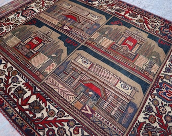 4.6x6.3 Ft Pictorial Rug- Handmade Afghan Pictorial Berjesta Rug, Turkoman Hand Knotted Antique Rug, Vintage Wool Rug, Home Decor Area Rug