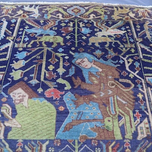 Antique Pictorial Rug, 3&#39;10x6&#39;6 Ft Handmade Afghan Pictorial Rug, Hand Knotted Blue Animal Print Turkmen Rug, Pure Wool Living Room Rug