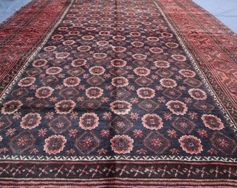 Alfombra antigua de 2,13 x 3,35 m, hecha a mano, de estilo afgano, color azul oscuro, de gran tamaño, anudada a mano, de estilo turcomano, de lana geométrica, para sala de estar.