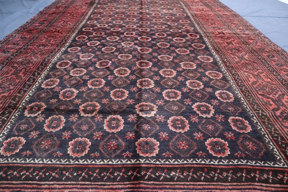 7x11 Ft Antique Area Rug- Handmade Afghan Dark Blue Large Area Rug, Hand Knotted Turkmen Tekke Rug, Geometric Wool Rug, Living Room Rug