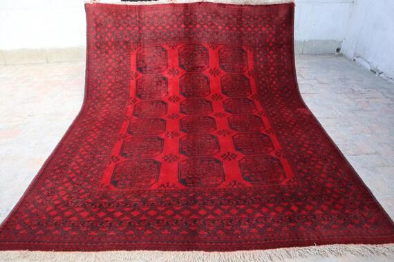 6.9x8.6 フィートのトルクメン族のラグ、手編みのアフガン象足ラグ