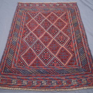 3.5x4.4 Ft Small Vintage Rug- Handmade Afghan Oriental Mushwani Rug, Geometric Wool Rug, Turkmen Tribal Rug, Small Area Rug, Square Rug