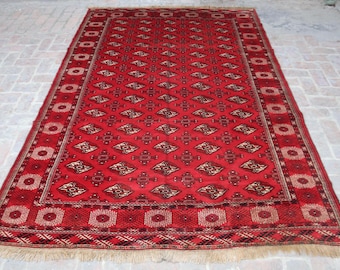 Alfombra Bokhara de 2,13 x 3,05 m, afgana, hecha a mano, de gran tamaño, vintage de pura lana, turcomana, anudada a mano, roja de gran calidad, para dormitorio.