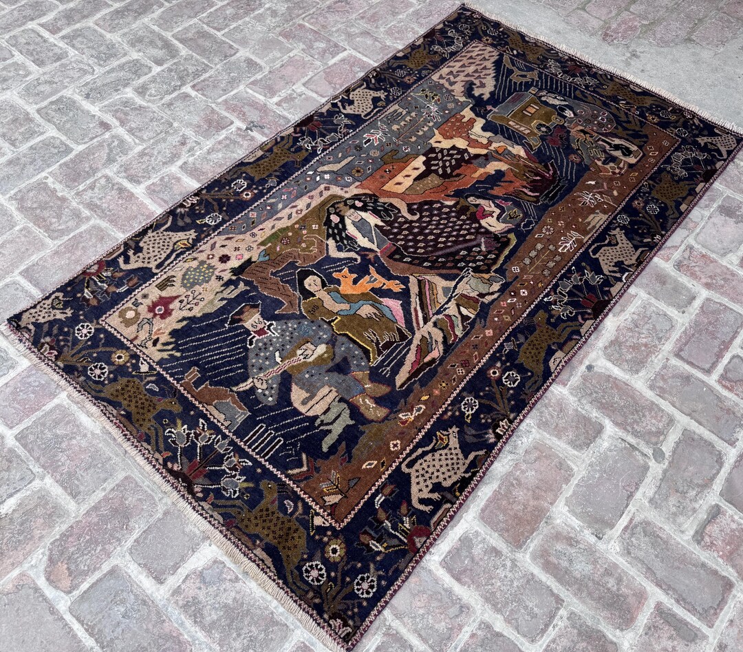 3'10x6'7 Ft Antique Pictorial Rug, Turkmen Hand Knotted Historical Rug ...