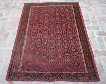 4'4x5'9 Ft Antique Rug- Turkoman Hand Knotted Mushwani Rug, Low Piles Geometric Wool Afghan Rug, Vintage Tribal Rug, Living Room Rug