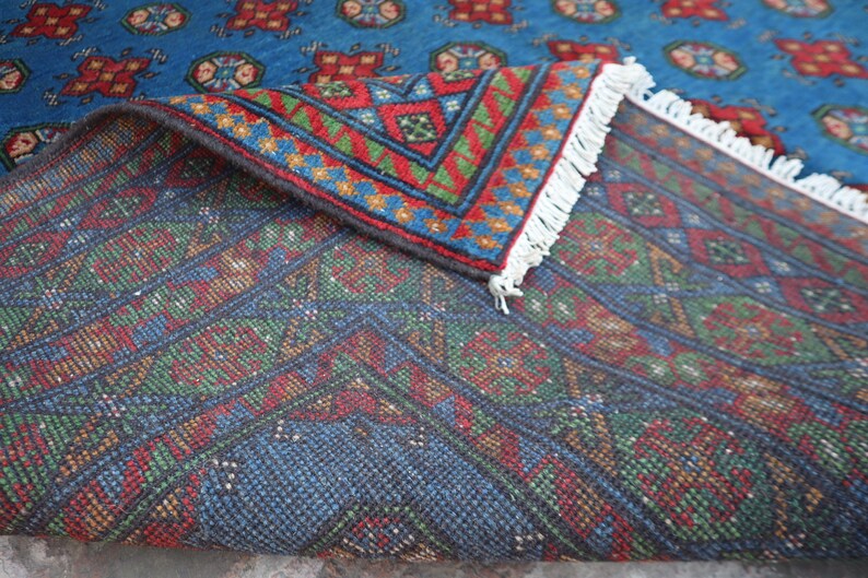 Alfombra azul de 2,1 x 3 m, hecha a mano, afgana, Mori Gul, tribal turcomana anudada a mano, de lana oriental, de gran tamaño, de lujo. imagen 6