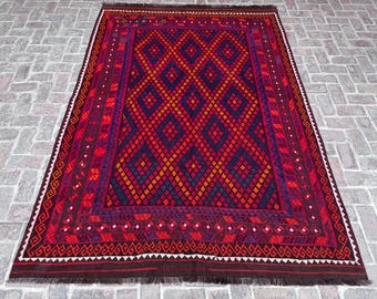 7x10 Ft Vintage Kilim Rug, Handmade Wool Flatweave Rug,  Tribal Boho Area Rug, Afghan Geometric Ghalmori Kilim, Living Room Bedroom Decor