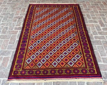 Alfombra Kilim vintage de 5x7'4 pies, alfombra de tejido plano anudada a mano turcomana, alfombra Kilim de lana geométrica, alfombra Kilim de área grande, alfombra Kilim afgana hecha a mano