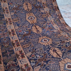 4x7 Ft Hand knotted Antique Rug- Afghan Handmade Pictorial Rug, Blue Brown Geometric Rug, Fine Quality Wool Rug, Zakani Baluch Rug, Area Rug
