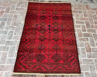 4'6x6'10 Ft Vintage Red Rug, Handmade Afghan Oriental Wool Rug, Turkmen Tribal Rug, Antique Balochi Rug, Small Area Rug, Living Room Rug