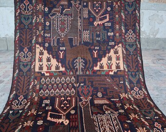 4x7 Ft Pictorial Rug, Turkoman Hand Knotted Geometric Wool Rug, Afghan Pictorial Area Rug, Handmade Nomadic Rug, Vintage Living Room Rug