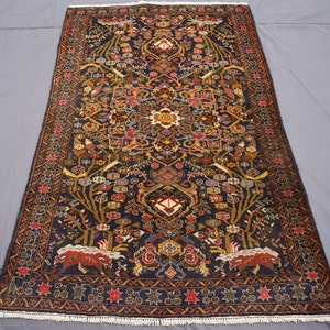 Gorgeous Vintage Rug- Handmade Afghan 3&#39;10x6&#39;2 Ft Geometric Wool Rug, Blue Brown Oriental Rug, Pictorial Area Rug, Antique Baluchi Rug