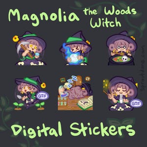 May include: A set of digital stickers featuring a cartoon witch with purple hair and a green hat. The witch is shown in various poses, including brewing a potion, sleeping, and gardening. The stickers are labeled "Magnolia the Woods Witch" and "Digital Stickers".