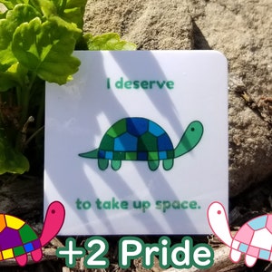 May include: A white card with a green and blue turtle illustration and the text "I deserve to take up space."  +2 Pride.
