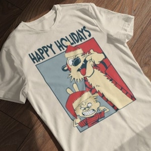 Camiseta Happy Holidays, camisa de dibujos animados, fan art de Calvin & Hobbes, camisa divertida, camiseta de cómic, camisa meme, regalo unisex para novio o niño