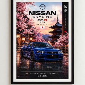 Könnte beinhalten: Ein gerahmtes Poster mit einem blauen Nissan Skyline GT-R R34 auf einer nassen Straße. Im Hintergrund sind eine japanische Pagode und Kirschblüten zu sehen. Der Text umfasst NISSAN SKYLINE GT-R R34, technische Daten sowie TRADITION MEETS PERFORMANCE.