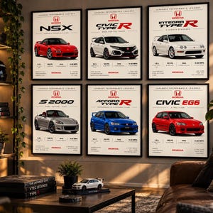 May include: Six framed posters featuring Honda performance cars: a red NSX, white Civic Type R, white Integra Type R, silver S2000, blue Accord Type R, and red Civic EG6. Each print includes the Honda logo, model name, and technical specifications.