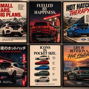 May include: A collection of six framed posters featuring various hot hatch cars. Each print displays a vehicle with text, including slogans like Small Cars Big Plans, Fuelled By Happiness, Hot Hatch Therapy, and Life Is Better In A Hot Hatch.