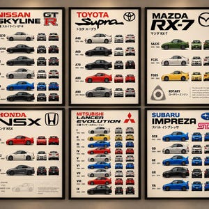 May include: A set of six framed posters featuring Japanese sports cars including the Nissan Skyline GT-R, Toyota Supra, Mazda RX-7, Honda NSX, Mitsubishi Lancer Evolution, and Subaru Impreza, each displaying various model generations and views.
