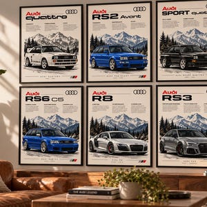 Puede incluir: Un conjunto de seis pósteres de pared enmarcados con modelos de coches Audi, incluyendo el Quattro, RS2 Avant, Sport Quattro, RS6 C5, R8 y RS3. Cada póster muestra una ilustración del vehículo sobre un fondo de montaña con especificaciones.