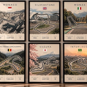 May include: A set of six framed posters featuring Formula 1 race tracks: Monaco, Silverstone, Monza, Spa-Francorchamps, Suzuka, and Interlagos. Each print displays the circuit layout, national flag, location name, first grand prix year, length in km, and turn count.