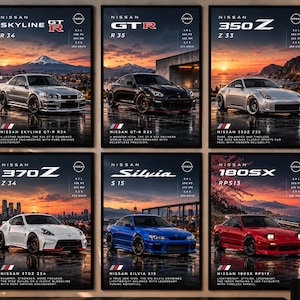 Può includere: Un set di sei poster verticali con auto sportive Nissan: Skyline GT-R R34, GT-R R35, 350Z Z33, 370Z Z34, Silvia S15 e 180SX RPS13. Ogni poster mostra il modello dell'auto, le specifiche tecniche e uno sfondo con tramonto.