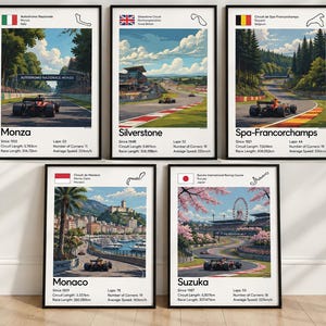 May include: Five framed posters featuring illustrations of Formula 1 circuits: Monza, Silverstone, Spa-Francorchamps, Monaco, and Suzuka. Each print includes the circuit name, national flag, track map, and technical statistics like race length and laps.
