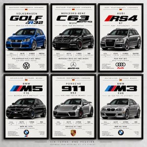 Puede incluir: Un conjunto de seis pósteres enmarcados que muestran coches de alto rendimiento alemanes: un Volkswagen Golf R32 azul, un Mercedes-Benz C63 AMG negro, un Audi RS4 plateado, un BMW M5 negro, un Porsche 911 plateado y un BMW M3 plateado.