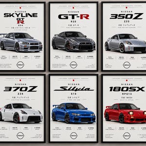 May include: A set of six framed posters featuring Japanese performance cars including the Nissan Skyline GT-R R34, GT-R R35, 350Z Z33, 370Z Z34, Silvia S15, and 180SX RPS13. Each white poster displays the car model, technical specs, and the Nissan logo.