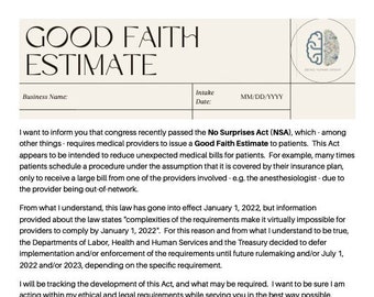 Good Faith Estimate for Mental Health Providers