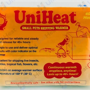 May include: Orange and green UniHeat Small Pets Shipping Warmer with a picture of a turtle and a lizard. The product is designed for reliable and steady heat release for 40+ hours. It provides an average warmer surface temperature of 100° F (38° C).