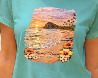 Camiseta hawaiana de la playa de Kaanapali en Maui, camiseta de vacaciones tropicales estilo Aloha, camiseta con estampado de puesta de sol costera.