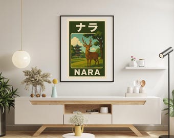 Nara Poster | Vintage Japanese Wall Art with Deer | Nara Park Retro Print