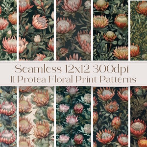 May include: A set of 11 seamless digital patterns featuring vibrant pink and orange protea flowers on a dark green background. The patterns are 12x12 inches and 300 dpi.  Seamless 12x12 300dpi 11 Protea Floral Print Patterns.