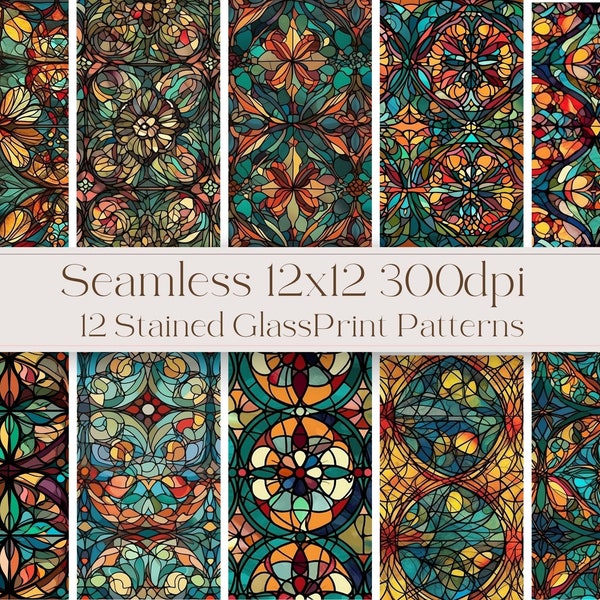 12 SEAMLESS Stained Glass Print Digital Paper - 12x12 300dpi- Instant Download