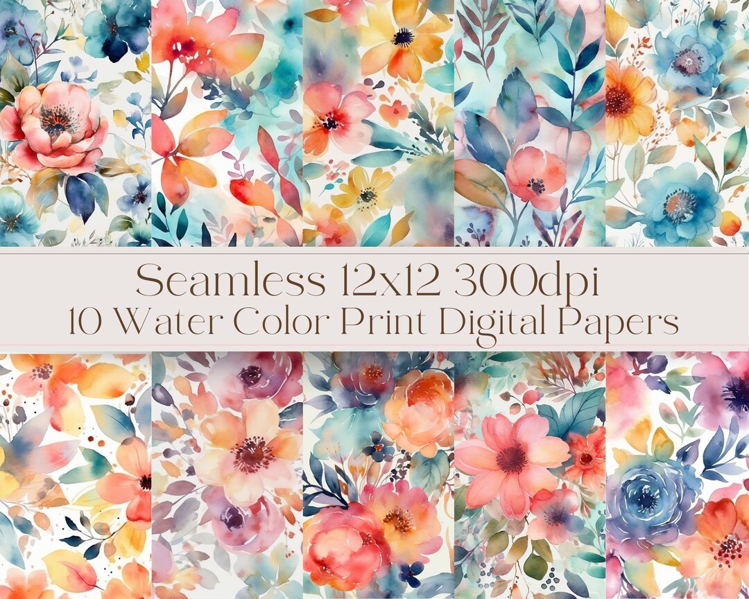 10 SEAMLESS Watercolor Floral Print Digital Paper - 12x12 300dpi ...