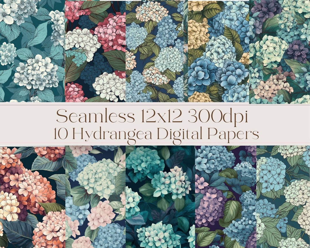 10 SEAMLESS Hyrangea Print Digital Paper - 12x12 300dpi - Instant ...